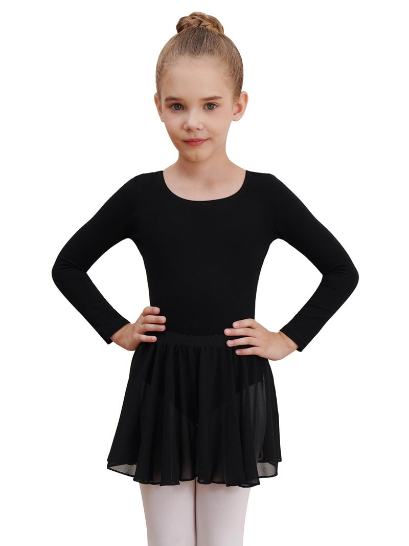 WEGETIT Long Sleeve Girls Leotard Gymnastics Leotards for Girls Ballet Dance Dresses with Skirt (Black,10-12 Years) - Image 1
